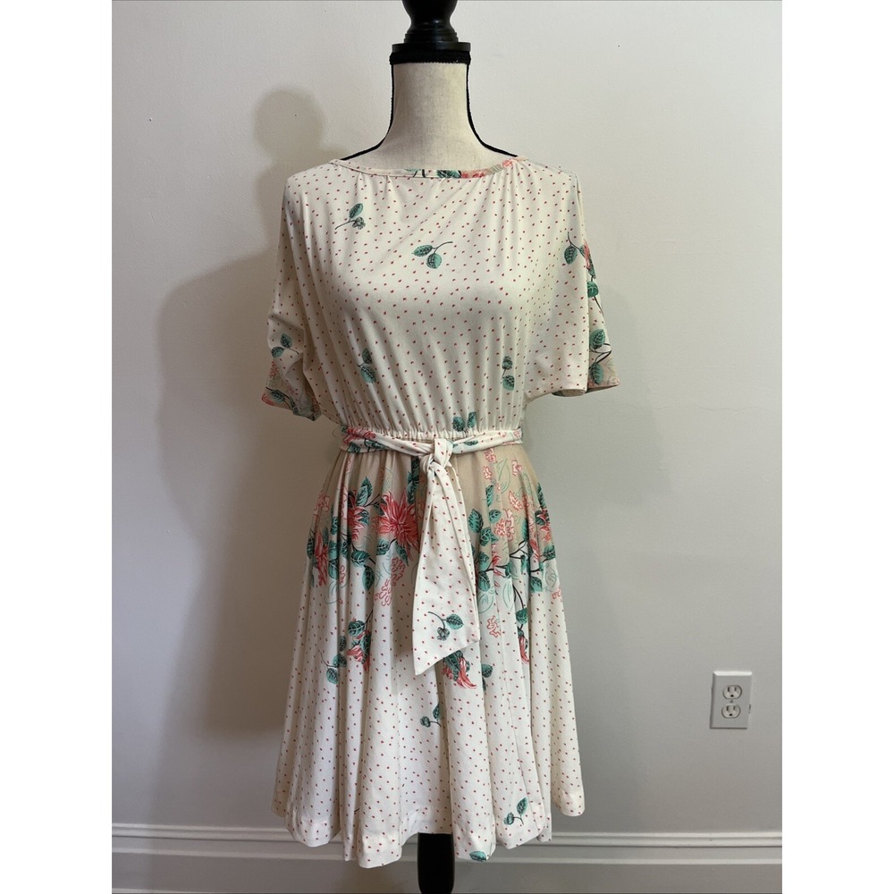 Vintage Floral Tea Party Dress M Tie Belt Pink Green Retro Garden Picnic